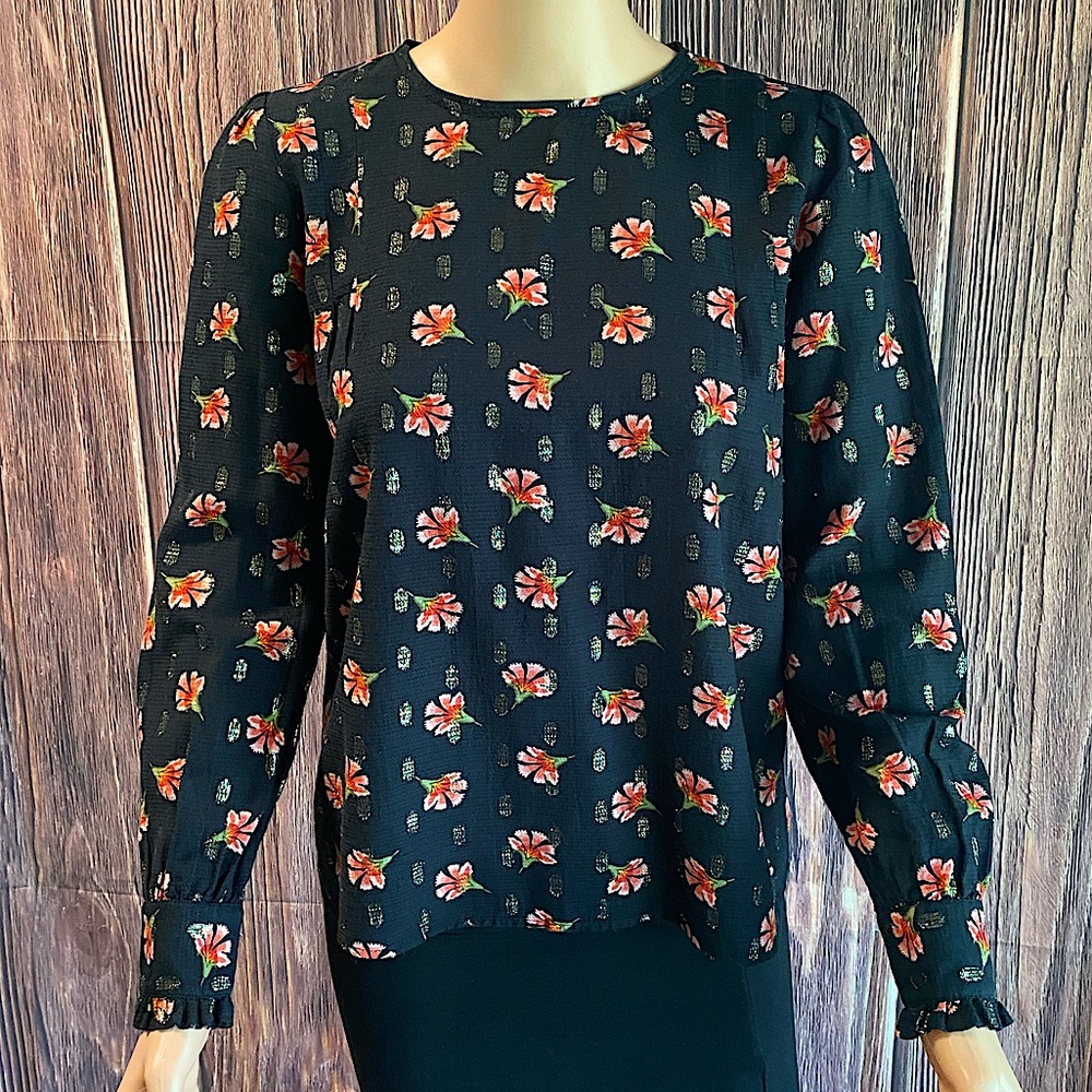 Loft size XS black and pink floral boho business casual long sleeve blouse